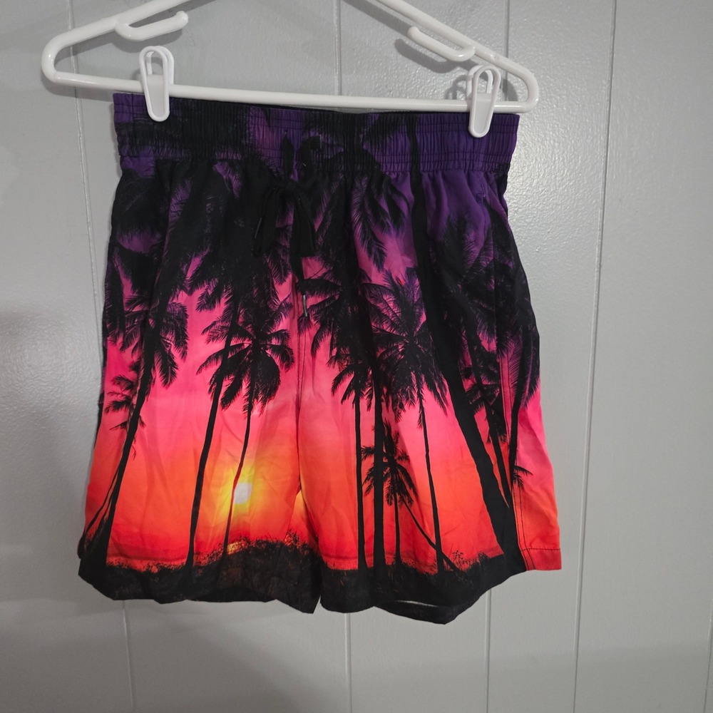 Unbranded‎ Swim Trunks Mens Small Multicolor Tropical Sunset Palm Tree Mesh